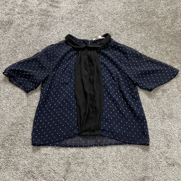 BCBGeneration Blouse Top womens XS Blue Polka Dot Ruffle 3/4 Sleeve Peter Pan - Picture 1 of 7